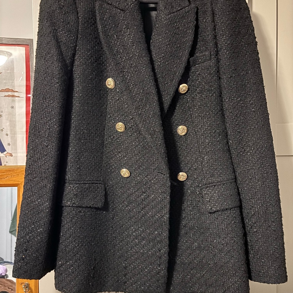 Zara Black Bouclé Jacket with Gold Buttons- Size S